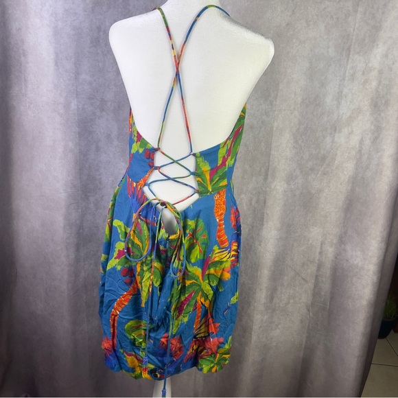 Farm Rio Sunny Day Linen Blend Mini Dress Women Large Blue Tropical Lace Up Back - Picture 3 of 10